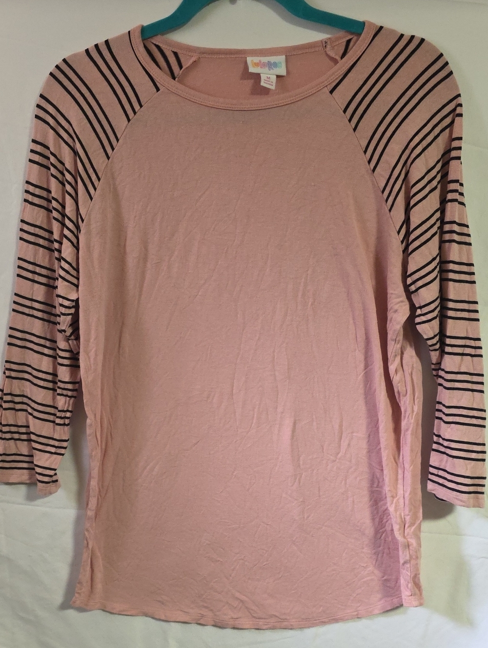 LuLaRoe Randy Rose Pink Raglan Top with Black Striped Sleeves